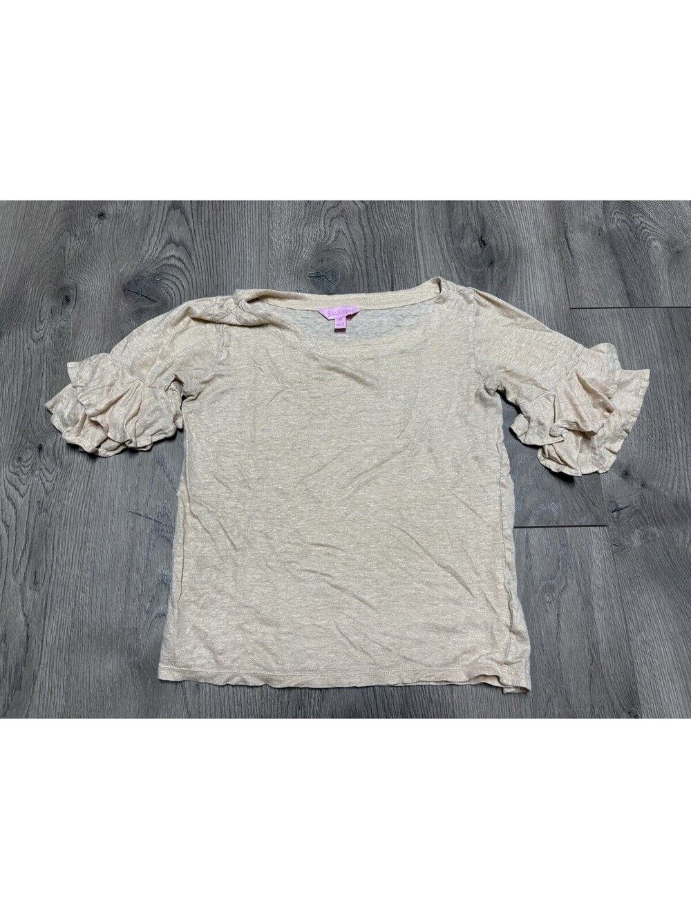 Lilly Pulitzer Lula Ruffle Sleeve Resort Beach Top XS Metallic Gold 100% Linen